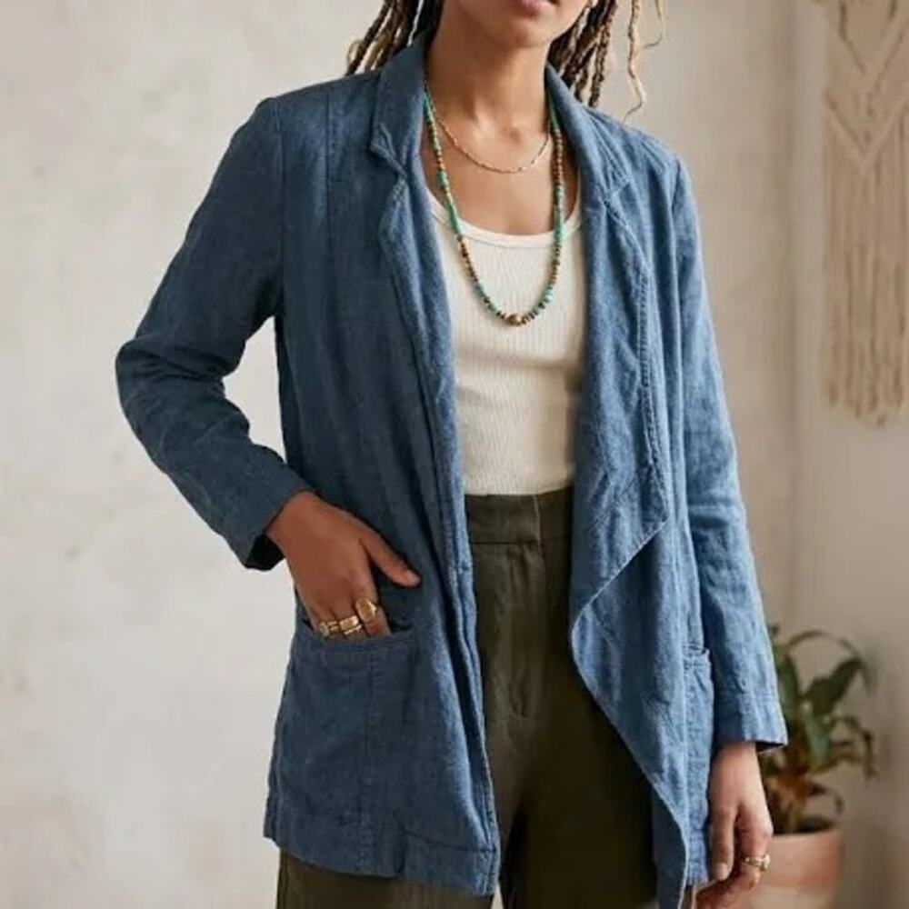 Anthropologie blazer lightweight blue linen blend with asymmetrical drape Size 4